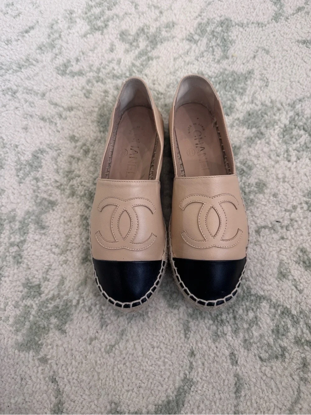 CHANEL Beige Leather Espadrilles with Black Cap Toe